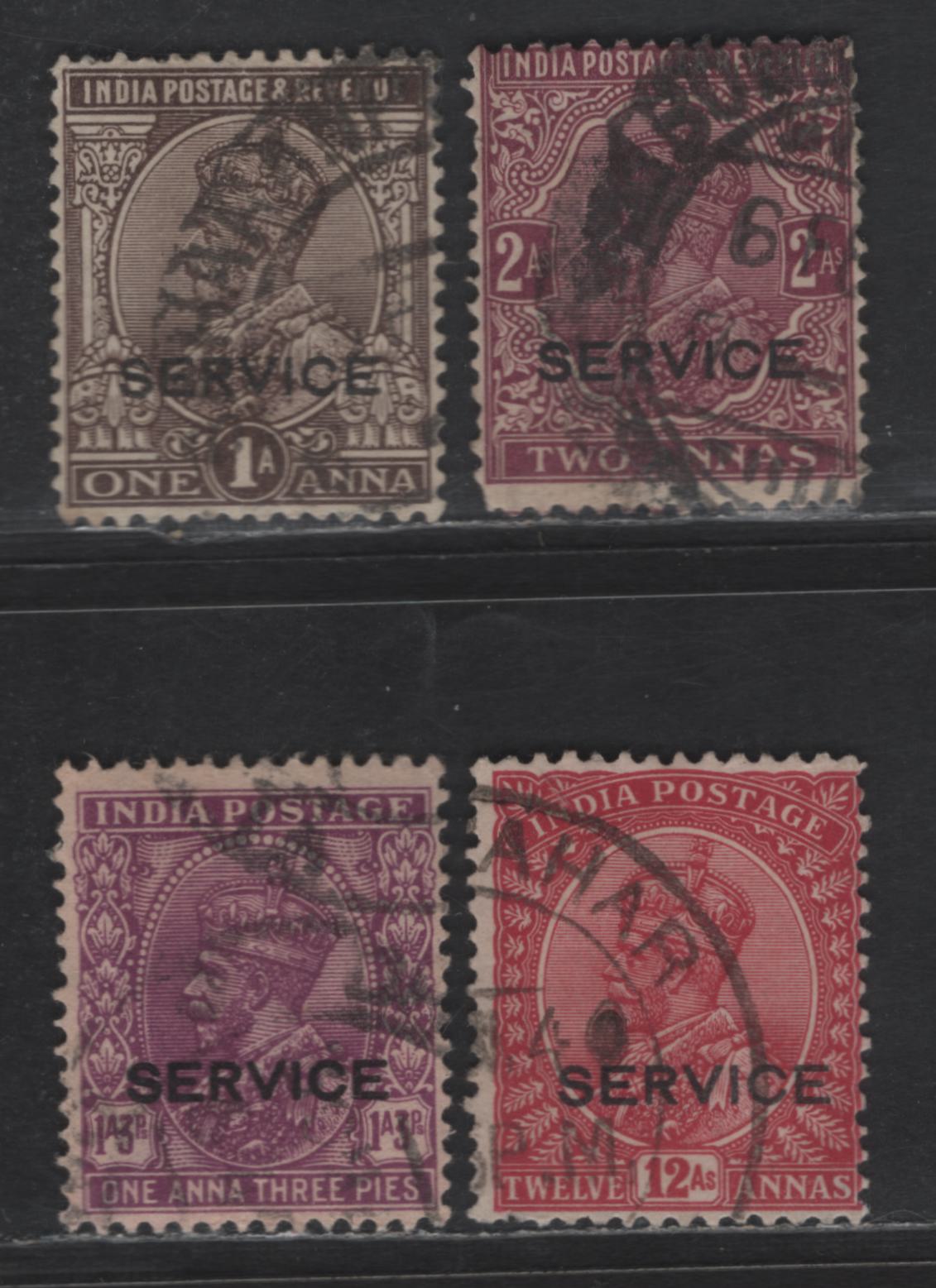 Lot 213 India #O112w, O111bw, O116w, O125w, 1926-1936 King George V Service Overprints Issue, 4 VG, F, & VF Used Singles With Inverted Multiple Star Wmk