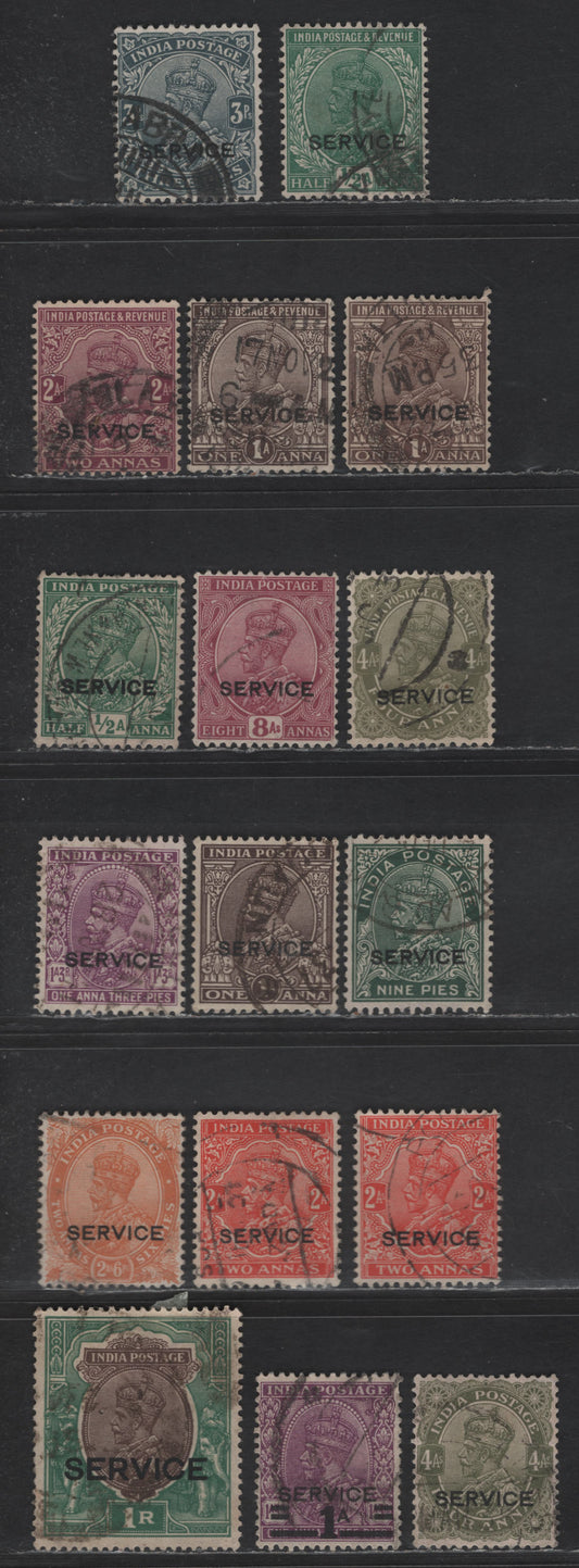 Lot 214 India #O109b, O110b, O111, O111b, O112, O113, O115, O117, O122, O123b, O124, O125, O127, O128, O129-O130, O139, 1926-1936 King George V Official Overprints Issue With Wmk Multiple Star, 17 F & VF Used Singles