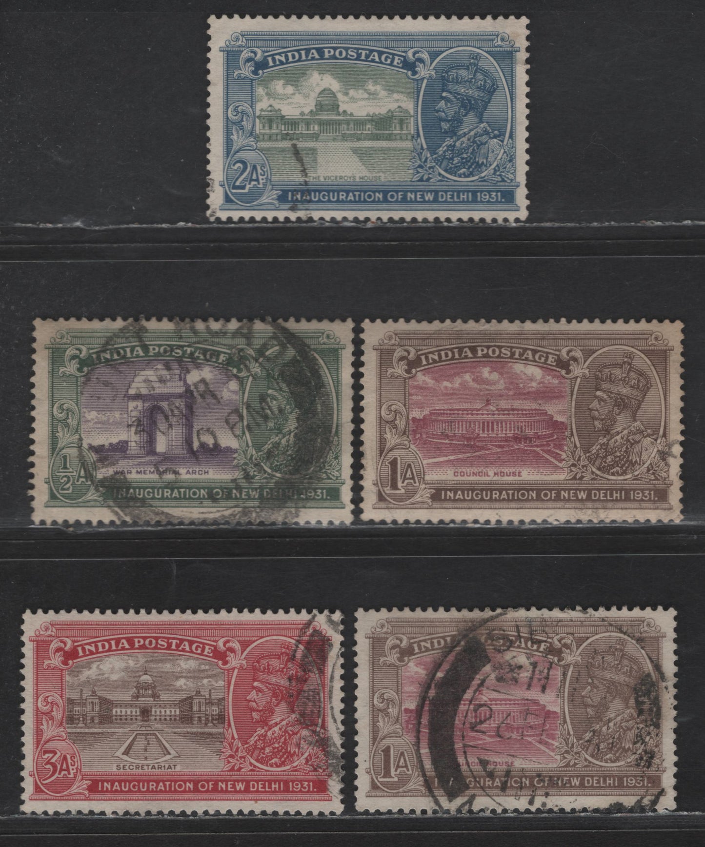 Lot 216 India #228, 228w, 229w, 227w, 230, 1931 Inauguration Of New Delhi Issue, 5 Very Fine Used Singles With Normal Sideways & Sideways-Inverted Wmks