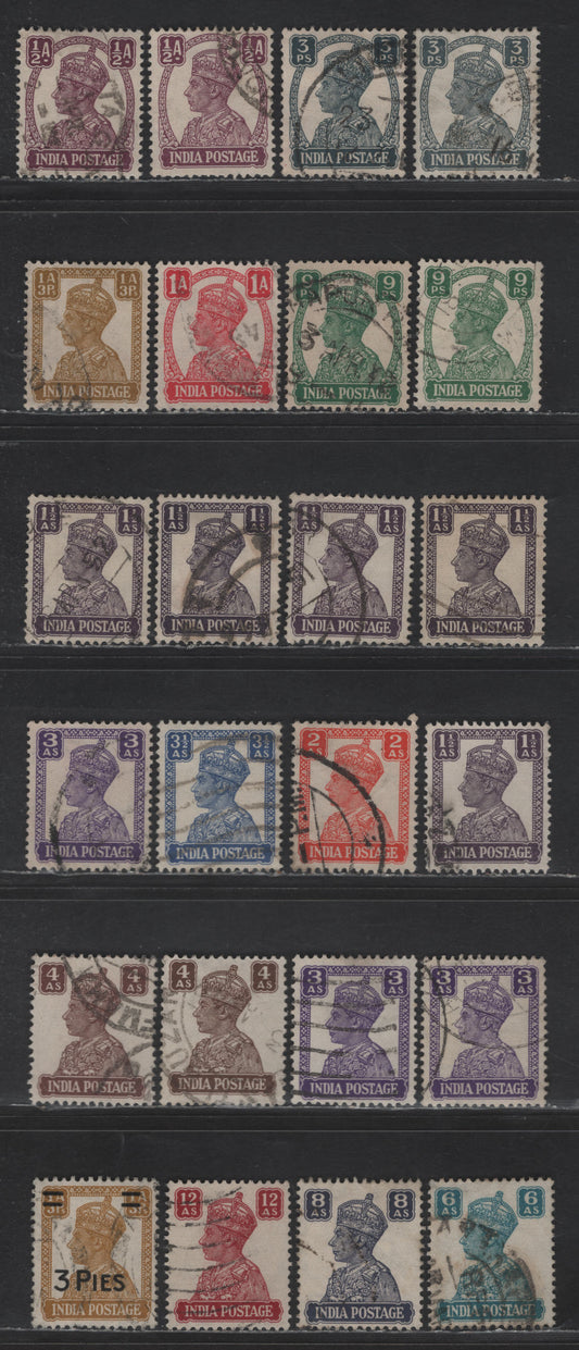 Lot 220 India #265-276 3p Slate - 12a Lake, 1940-1943 King George VI Issue, 24 F & VF Used Singles With Shades & Both Lithographed & Typographed 1/2a & 3as