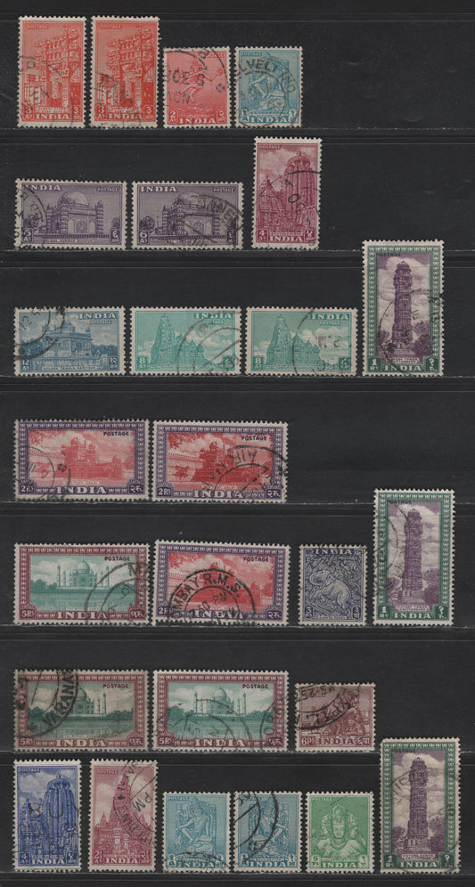 Lot 225 India #309-314, 317-322, 333-333c 3p Slate Violet - 5r Blue Green & Red Brown, 1949-1952 Pictorial Issue, 26 Very Fine Used Singles With Shades