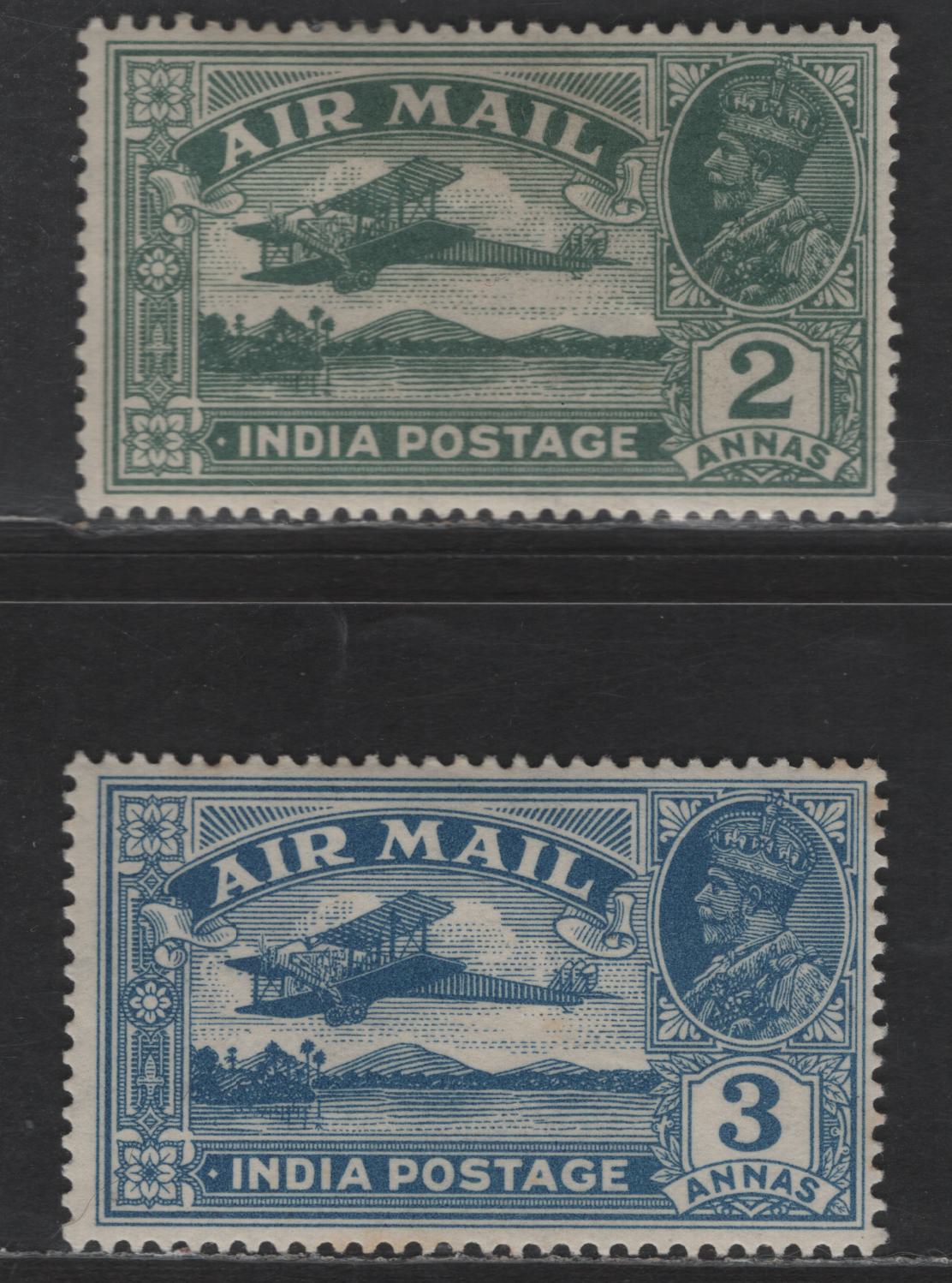 Lot 235 India #220w, 221w 2a Deep Blue Green & 3a Blue, 1929 Airmail Issue, 2 F & VF OG Singles With Sideways And Inverted Watemark