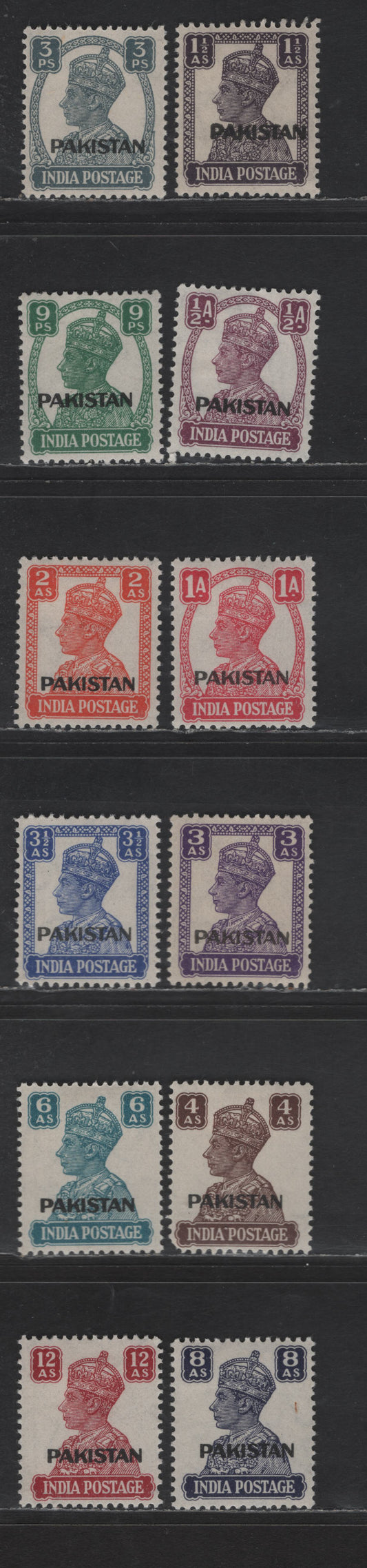 Lot 236 Pakistan #1-12, 3p Slate - 12a Lake, 1947 Overprints On King George VI Issue Of India, 12 VFOG Singles
