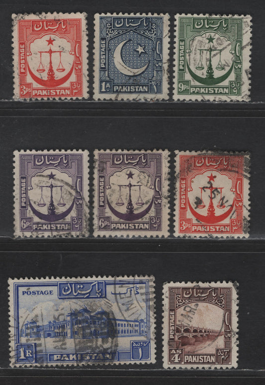 Lot 238 Pakistan #24-27, 24a, 33, 38a 3p Red - 1R Ultramarine, 1948-1957 Pictorial Issue, 8 F & VF Used Singles Perf 12 1/2 & 13 1/2