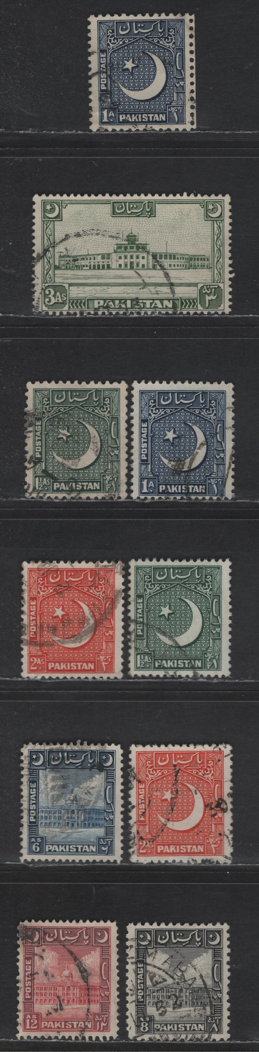 Lot 239 Pakistan #44-46, 44a-46a, 47-49, 51 1a Blue -12a Blue Scarlet, 1949-1953 Redrawn Pictorial Definitives, 10 Very Fine Used Singles With Crescent Pointing Left, Perf 12 1/2x 13 1/2