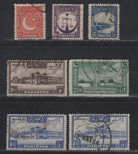 Lot 255 Pakistan SG#25a, 29, 30, 32, 38-a, 39a 6p - 2r Violet - Chocolate Pictorials, 1948-1957 Pictorial Issues, 7 Fine/Very Fine Used Singles, Perfs 13.5, 12.5 & 14, ,