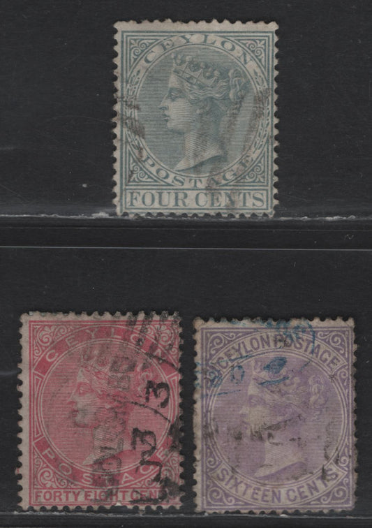 Lot 275 Ceylon SG#122, 126, 130 4c - 48c Gray - Rose Queen Victoria, 1872-1880 Queen Victoria Issue, 3 Fine Used Singles, Crown CC Wmk