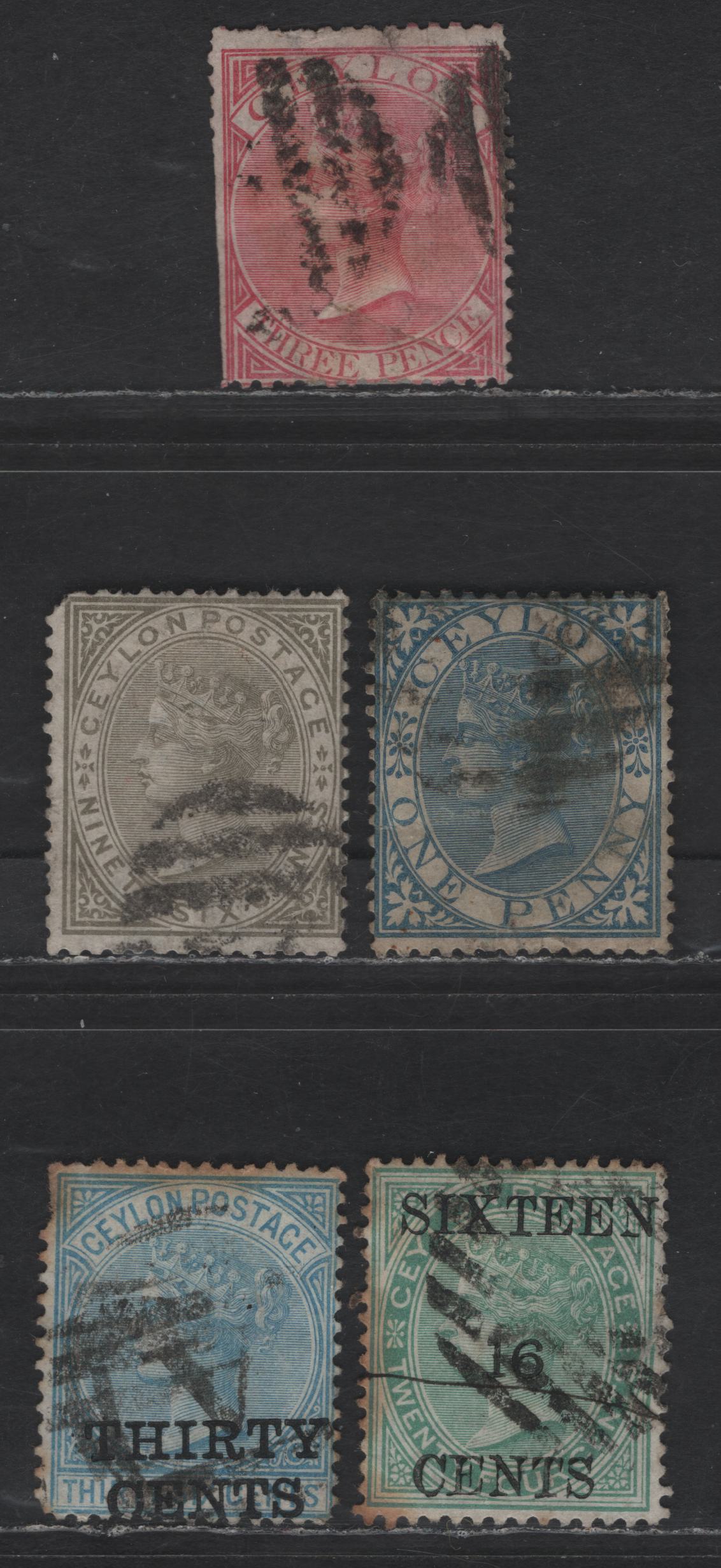 Lot 276 Ceylon SG#61-62, 132, 169x 1d - 30c on 36c Blue Queen Victoria, 1872-1885 Queen Victoria Issue, 5 Ungraded Singles, All With Varying Faults - Minor to Major, Reversed Wmk on the 30c On 36c