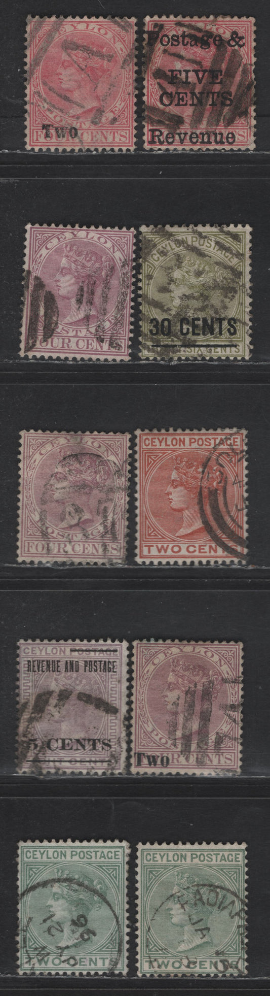 Lot 278 Ceylon SG#147, 148, 178, 187, 191, 202-203, 256 2c Dull Green - Orange Brown Queen Victoria, 1883-1900 Queen Victoria Issue, 10 Very Good/Fine/Very Fine Used Singles