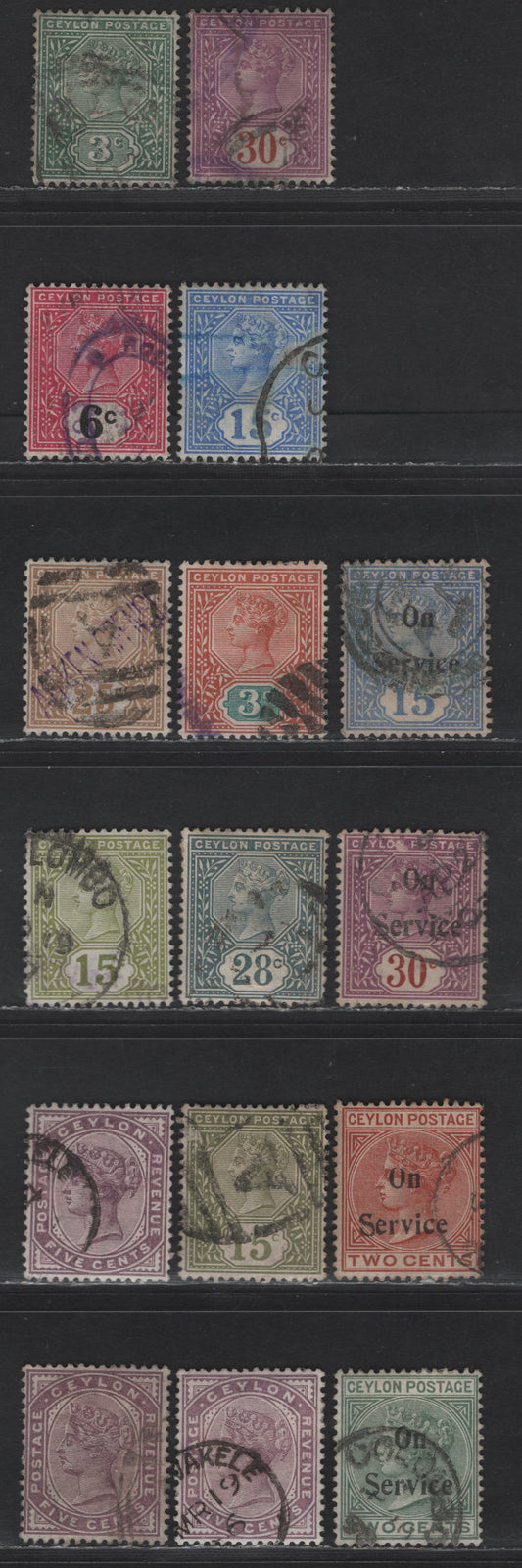 Lot 279 Ceylon SG#195-199, 245, 259, 261, 257, 247, O11 5c - 15c Dull Purple - Blue Queen Victoria, 1886-1900 Queen Victoria Issue, 16 Fine/Very Fine Used Singles, With Additional Shades
