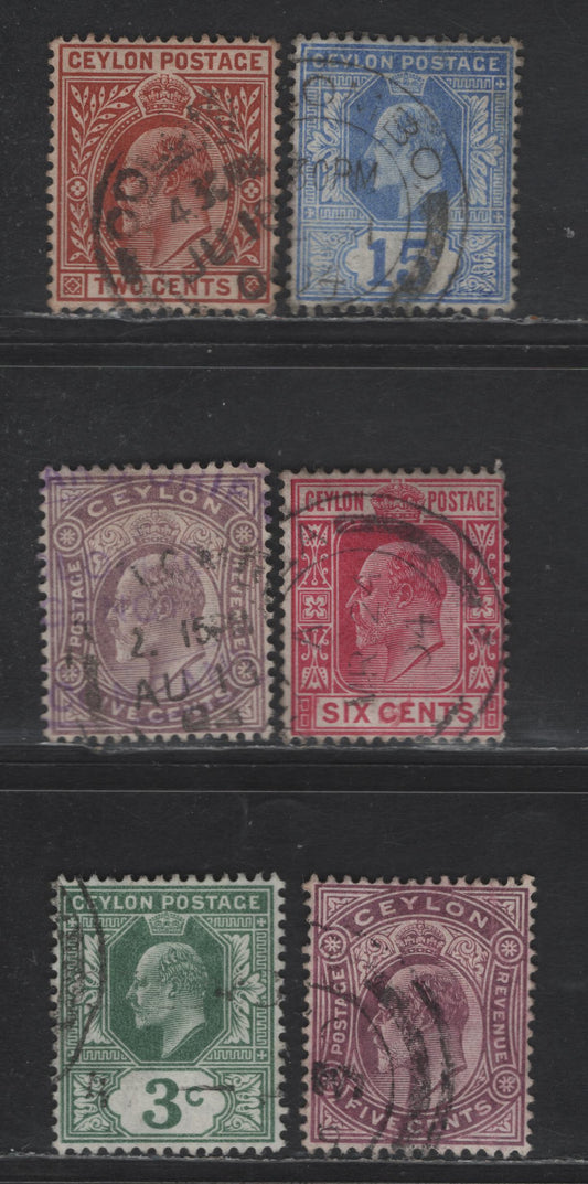 Lot 280 Ceylon SG#266, 268-269, 266, 271 3c - 15c Green - Blue King Edward VII, 1903-1905 King Edward VII Issue, 6 Fine/Very Fine Used SIngles, Crown CA Wmk