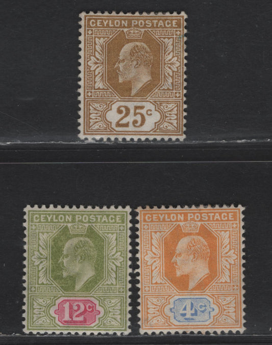 Lot 281 Ceylon SG#272, 279, 282 25c - 12c Bistre - Sage Green & Rosine King Edward VII, 1903-1905 King Edward VII Issue, 3 VFOG & Fine Unused Singles, 25c Bistre Has No Gum