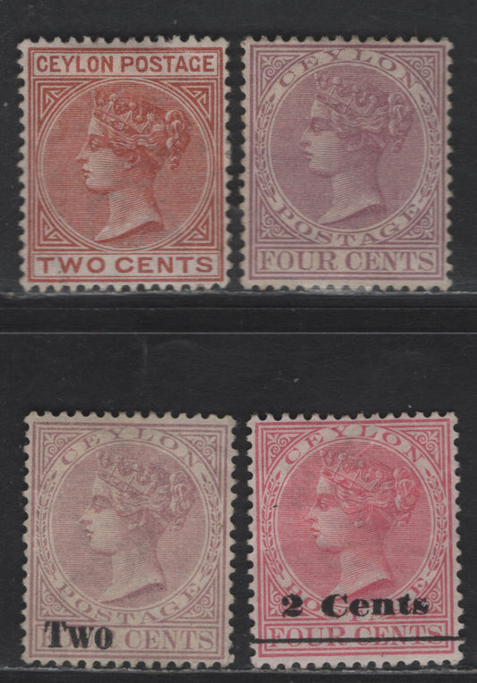 Lot 283 Ceylon SG#148, 207, 202, 256 4c - 2c Rosy Mauve - Pale Orange Brown Queen Victoria, 1883-1900 Queen Victoria Issue, 4 Very Fine Unused SIngles, Crown CA Wmk