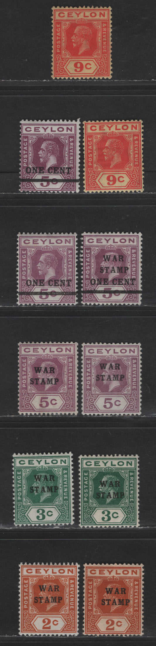 Lot 284 Ceylon SG#330-335, 337,c, 345 2c - 9c Brown Orange - Red on Pale Yellow King George V, 1918-1919 King George V Keyplates Issue, 11 F/VFOG SIngles, War Stamp & Surcharge Overprints, 9c With Script CA Wmk