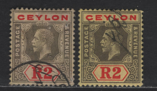 Lot 286 Ceylon SG#316, b 2r Black & Red on Yellow - Gray Black & Red on Lemon King George V, 1912-1925 King George V Issue, 2 Very Fine Used Singles, Fiscal Cancel On Lemon Backed Stamp, Multiple Crown CA Wmk