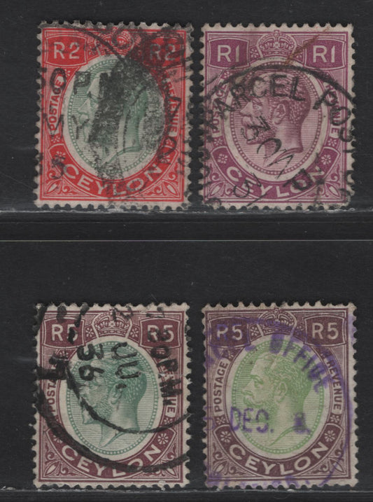 Lot 288 Ceylon SG#363-365 1r - 5r Dull & Bright Purple - Green & Dull Purple King George V, 1927-1929 King George V Issue, 4 Fine/Very Fine Used Singles, Script CA Wmk