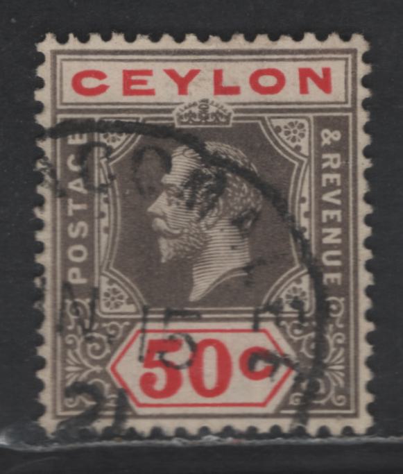 Lot 289 Ceylon SG#353a 50c Black & Scarlet King George V, 1921-1932 King George V Issue, A Very Fine Used Singles, Script CA Wmk, Scarce Die 1