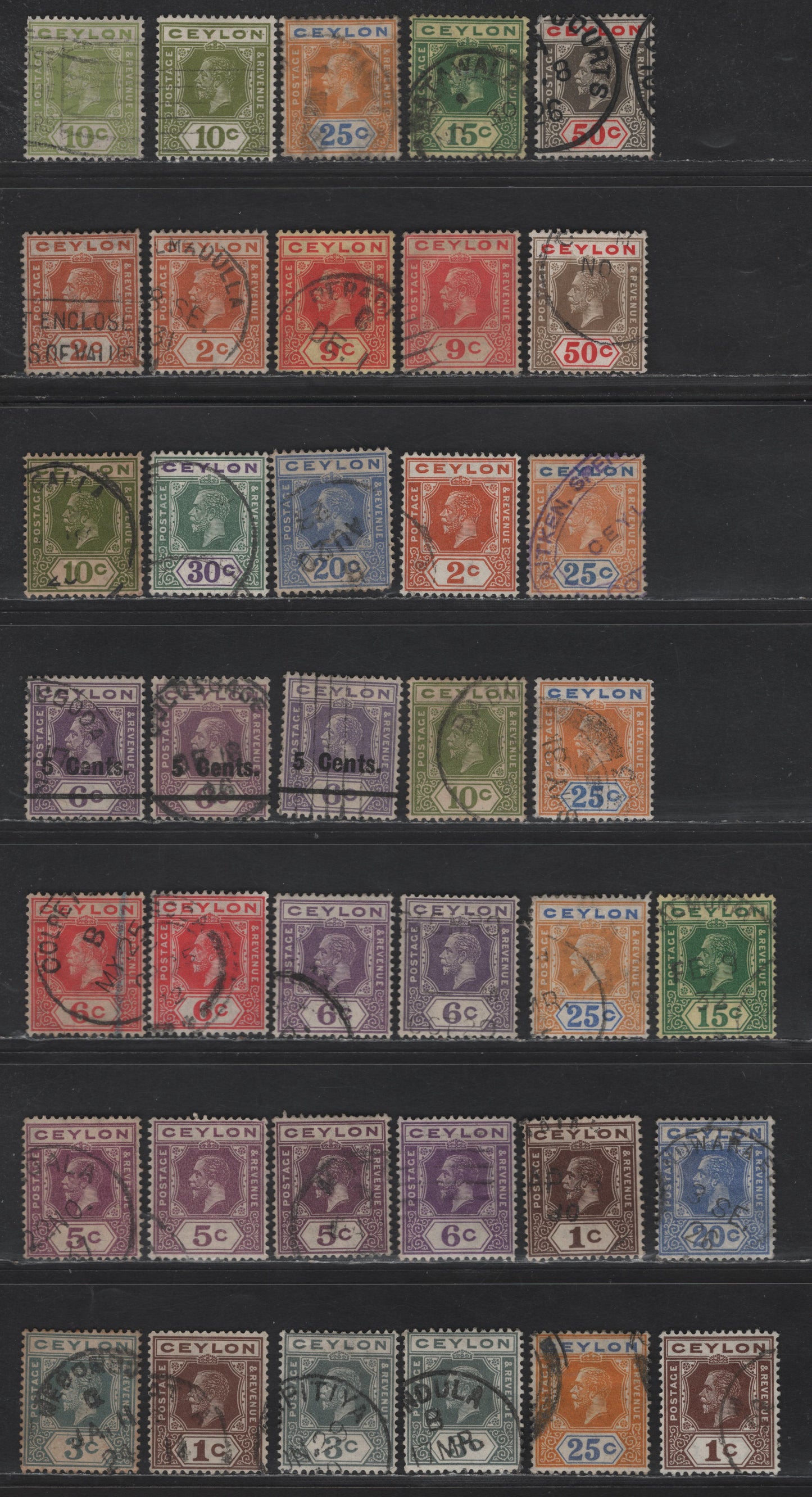 Lot 290 Ceylon SG#338-340, 346b, 349-a, 350-b, 352a, 351-b, 353 1c - 50c Brown - Black & Scarlet King George V, 1921-1932 KGV Imperium Keyplate Issue, 38 Fine/Very Fine Used Singles, Script CA Wmk, Additional Shades, Both Dies 1 & 2