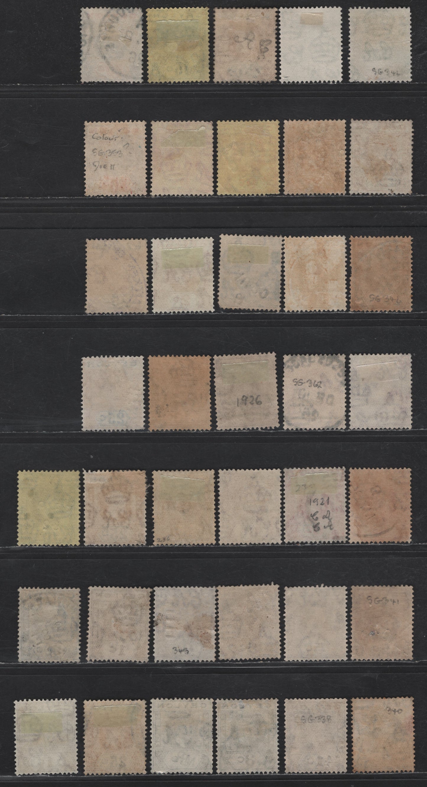 Lot 290 Ceylon SG#338-340, 346b, 349-a, 350-b, 352a, 351-b, 353 1c - 50c Brown - Black & Scarlet King George V, 1921-1932 KGV Imperium Keyplate Issue, 38 Fine/Very Fine Used Singles, Script CA Wmk, Additional Shades, Both Dies 1 & 2