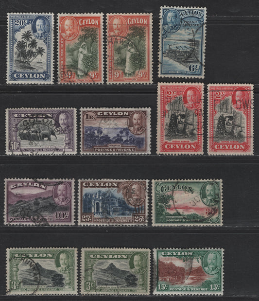 Lot 293 Ceylon SG#368-378, 368a, 369a 2c - 1r Black & Carmine - Violet Blue & Chocolate King George V, 1935-1936 KGV Pictorial Issue, 14 Fine/Very Fine Used Singles, Small Tear On 3c Perf 14