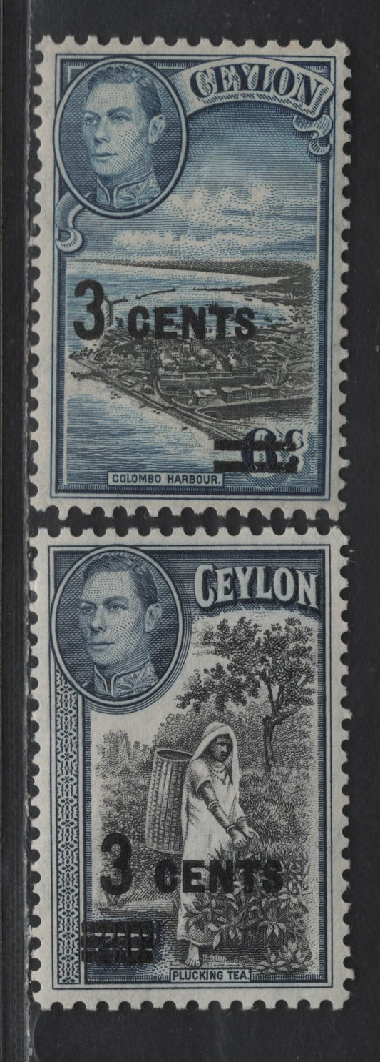 Lot 294 Ceylon SG#398-399 3c on 6c - 3c on 20c Black & Blue - Black & Gray Blue King George VI, 1940-1941 KGVI Surcharged Issue, 2 VFNH SIngles