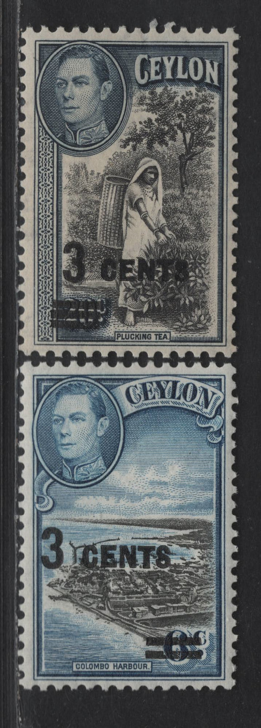Lot 295 Ceylon SG#398-399 3c on 6c - 3c on 20c Black & Blue - Black & Gray Blue King George VI, 1940-1941 KGVI Surcharged Issue, 2 VFOG SIngles
