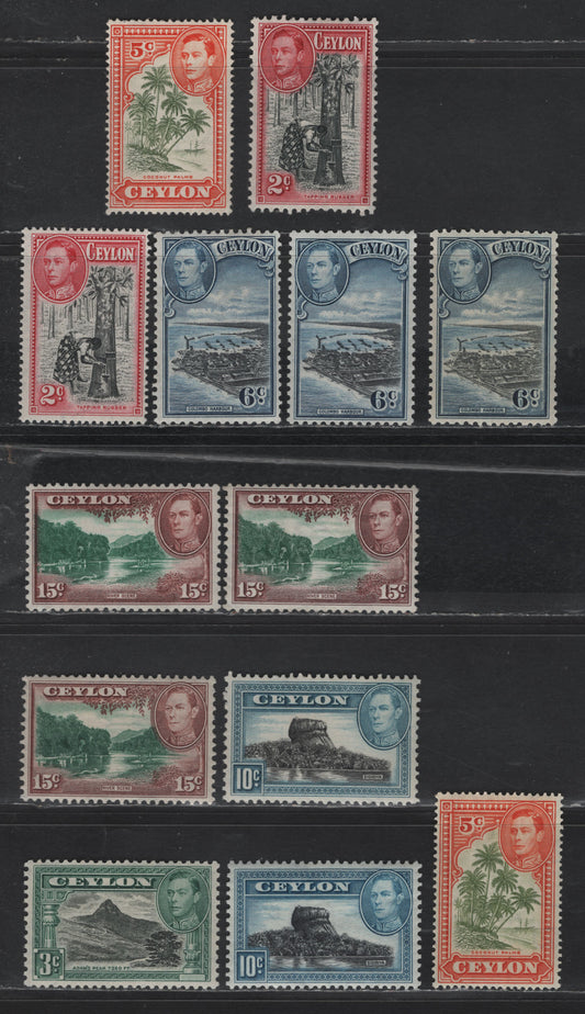 Lot 296 Ceylon SG#386b,c, 387d,f, 388, 389-a, 390-a 2c - 15c Black & Carmine - Green & Red Brown King George VI, 1938-1952 KGVI Pictorial Issue, 13 F/VFOG SIngles, Different Printings & Shades
