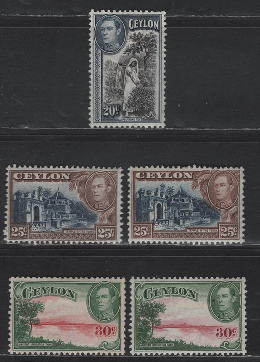 Lot 297 Ceylon SG#391-392,a, 393,a 20c - 30c Black & Gray Blue - Carmine & Green King George VI, 1938-1952 KGVI Pictorial Issue, 5 F/VFOG SIngles, Upright & Sideways Wmks