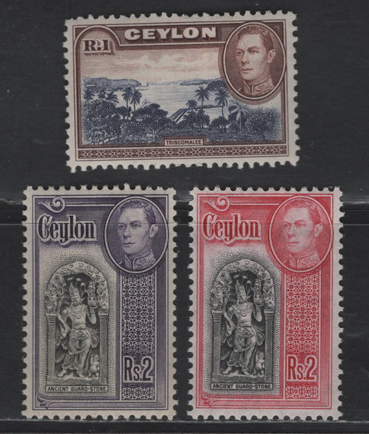 Lot 298 Ceylon SG#395, 396, 396b 1r - 2r Blue Violet & Chocolate - Black & Violet King George VI, 1938-1952 KGVI Pictorial Issue, 3 VFOG Singles, Upright Wmk on 1r