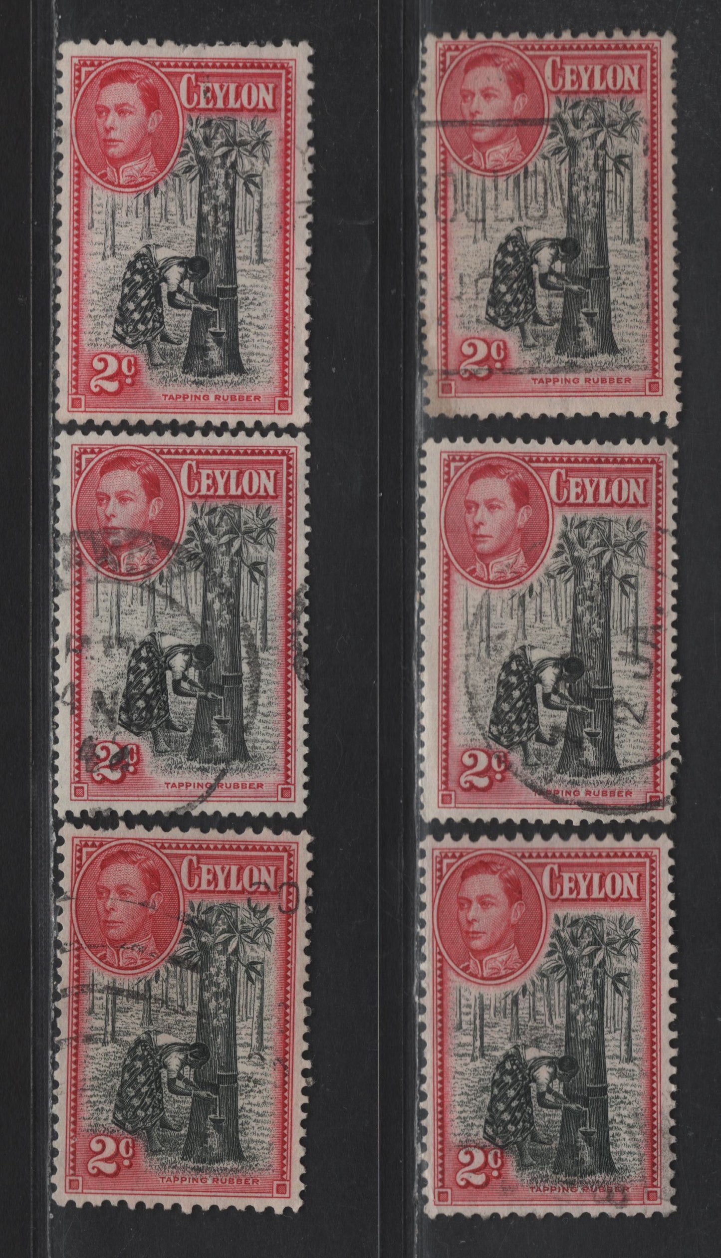 Lot 300 Ceylon SG#386-d 2c Black & Carmine King George VI, 1938-1952 KGVI Pictorial Issue, 6 Fine/Very Fine Used Singles, All Listed Perfs As In Lot 300, With One Extra Shade Of 11x11.5