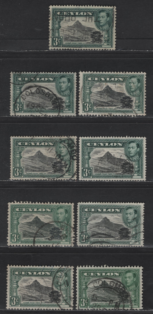 Lot 301 Ceylon MI#387-e 3c Black & Deep Blue Green King George VI, 1938-1952 KGVI Pictorial Issue, 9 Fine/Very Fine Used Singles, All Listed Perfs (13x11.5, 13x13.5, 13.5, 14 Line, 11.5x11 & 12), Additional Shades