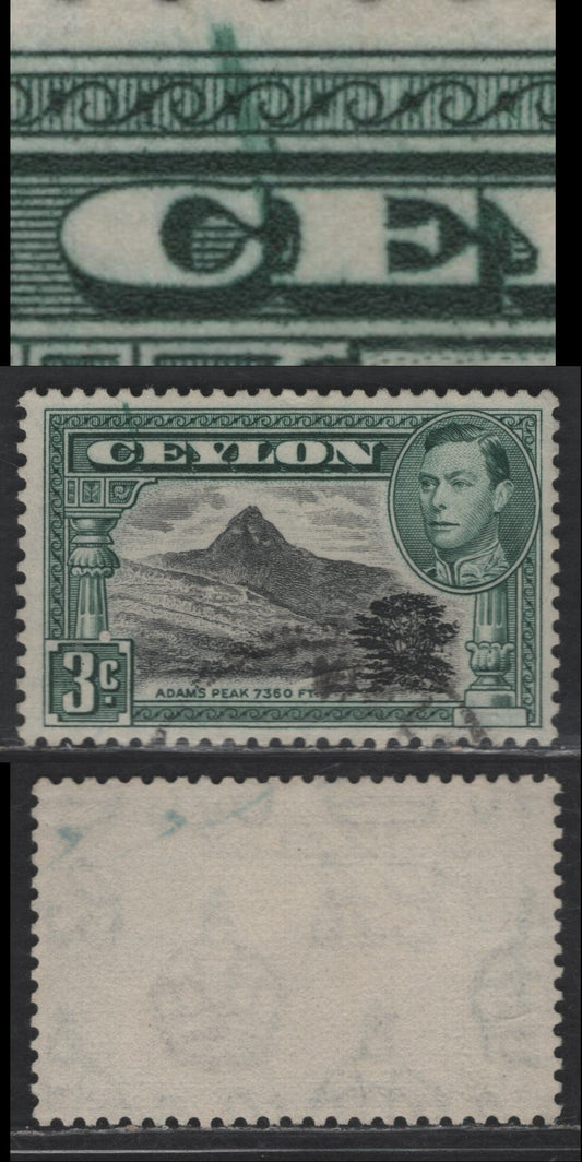 Lot 302 Ceylon MI#387evar 3c Black & Deep Blue Green King George VI, 1938-1952 KGVI Pictorial Issue, A Very Fine Used Single, Perf 12, Diagonal Smudge Between 'CE' of Ceylon, Unlisted