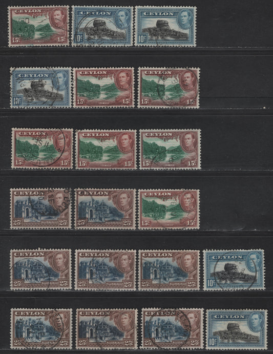 Lot 303 Ceylon SG#387f,g, 388, 392, 387a, 390a 5c - 25c Sage Green & Orange - Deep Blue & Chocolate King George VI, 1938-1952 KGVI Pictorial Issue, 33 Fine/Very Fine Used Singles, Perfs 12 & 13.5, Sideways & Upright Wmks, Additional Shades