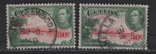 Lot 304 Ceylon SG#393, 393b 30c Carmine & Green King George VI, 1938-1952 KGVI Pictorial Issue, 2 Very Fine Used Singles, Upright & Sideways Wmks