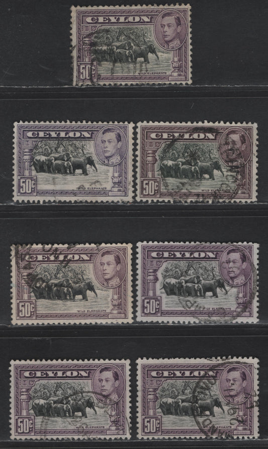 Lot 305 Ceylon SG#394d,e 50c Black & Mauve King George VI, 1938-1952 KGVI Pictorial Issue, 7 Fine/Very Fine Used SIngles, Perfs 11.5x11 (2 Stamps) & 12 (5 Stamps), Additional Shades