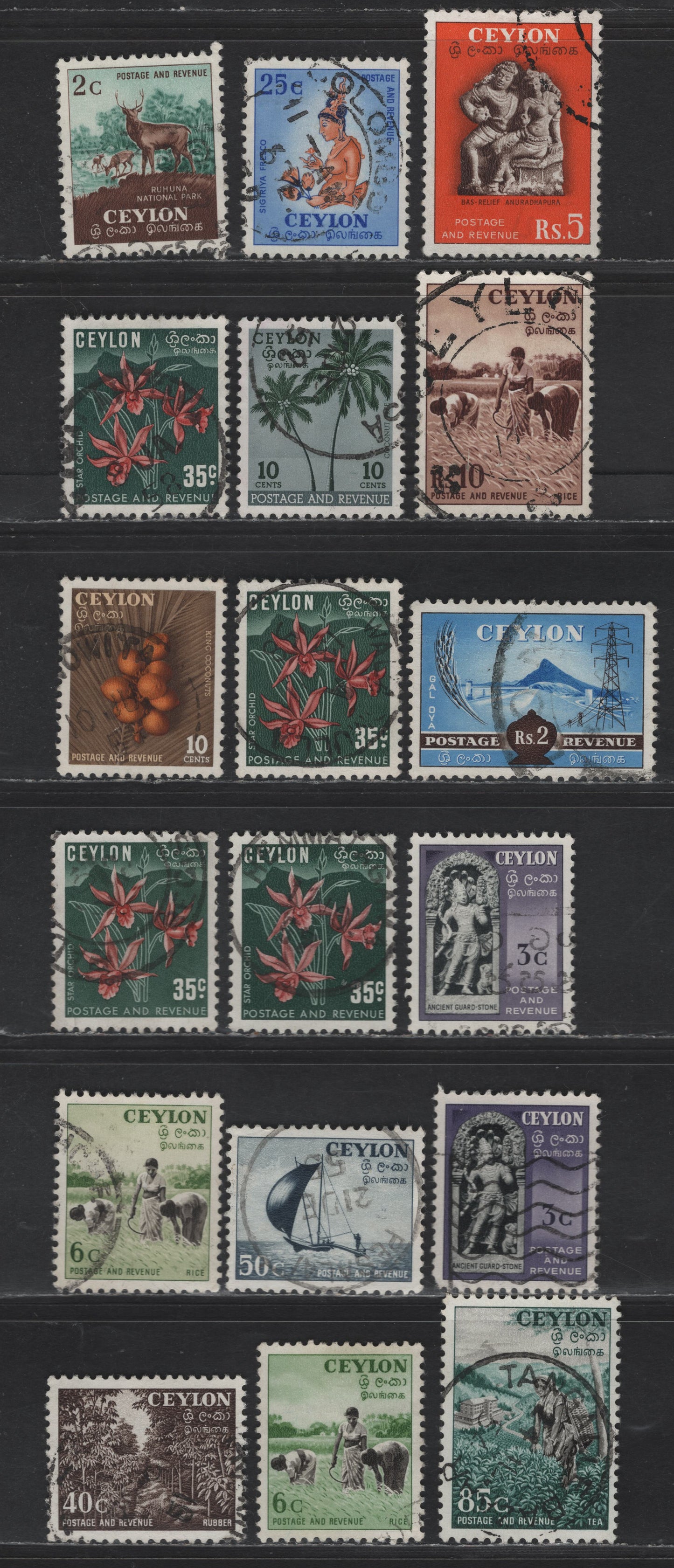 Lot 313 Ceylon #419-430, 424a, 435 2c - 10r Brown & Blue Green - Red Brown & Buff Pictorials, 1951-1954 Pictorial Issue, 18 Very Fine Used Singles, Additional Shades, Both Types Of 35c