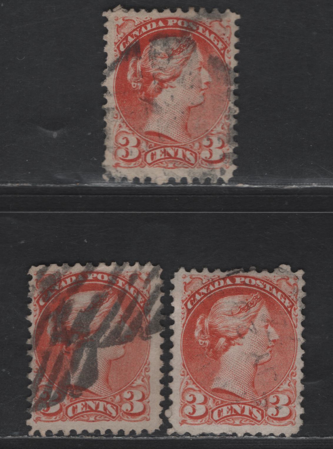 Lot 317 Canada #37e 3c Red Queen Victoria, 1870-1893 Small Queen Issue, 3 Fine Used Singles, Mid Montreal Printing, Papers MM-G, MM-F & MM-D, Perf 11.75x12, Position Dots