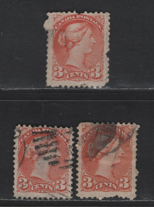 Lot 324 Canada #37ii 3c Dull Red Queen Victoria, 1870-1893 Small Queen Issue, 3 Very Good Used Singles, Mid Montreal Printings, Papers MM-D, MM-F, MM-L, Perf 11.75x12, Position Dots