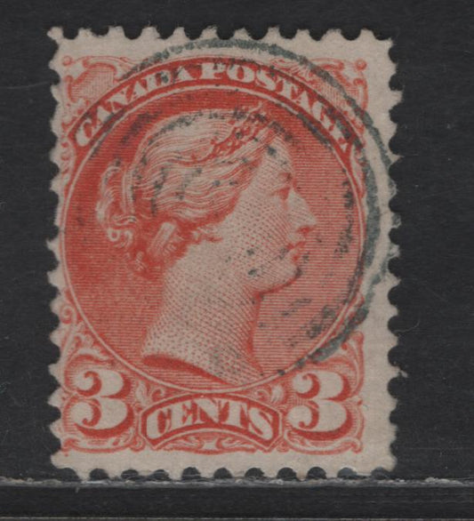 Lot 326 Canada #37iii 3c Red Orange Queen Victoria, 1870-1893 Small Queen Issue, A Fine Used Single, Mid Montreal Printing, Paper MM-F, Perf 11.75x12, Position Dot