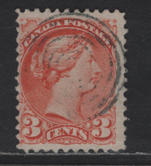 Canada #37iii 3c Red Orange Queen Victoria, 1870-1893 Small Queen Issue, A Fine Used Single, Mid Montreal Printing, Paper MM-F, Perf 11.75x12, Position Dot