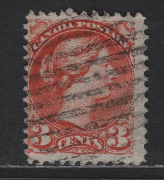 Lot 327 Canada #37iii 3c Deep Red Orange Queen Victoria, 1870-1893 Small Queen Issue, A Fine Used Single, Mid Montreal Printing, Paper MM-B, Perf 11.75x12, Position Dot