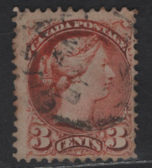 Lot 328 Canada #37iii 3c Red Orange Queen Victoria, 1870-1893 Small Queen Issue, A Fine Used Single, Mid Montreal Printing, Paper MM-G, Perf 11.75x12, Position Dot & Showing Oxidation