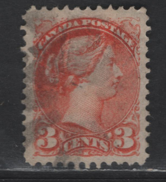 Lot 331 Canada #37iii 3c Orange Red Queen Victoria, 1870-1893 Small Queen Issue, A Very Fine Used Single, Mid Montreal Printing, Paper MM-O, Perf 11.75x12, Position Dot