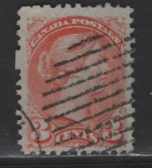 Lot 332 Canada #37iii 3c Red Orange Queen Victoria, 1870-1893 Small Queen Issue, A Fine Used Single, Mid Montreal Printing, Paper MM-O, Perf 11.75x12, Position Dot