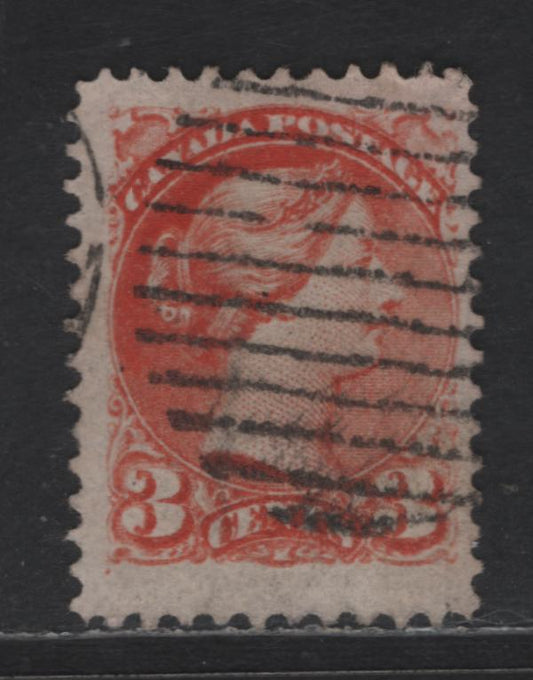 Lot 334 Canada #37iii 3c Orange Red Queen Victoria, 1870-1893 Small Queen Issue, A Fine Used Single, Mid Montreal Printing, Paper MM-R, Perf 11.75x12, Position Dot