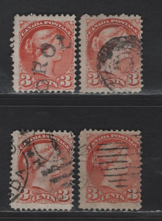 Lot 335 Canada #37c 3c Red Queen Victoria, 1870-1893 Small Queen Issue, 4 Fine Used Singles, Mid Montreal Printings, Papers MM-B, MM-J, MM-O & MM-Q, Perf 12, Position Dots