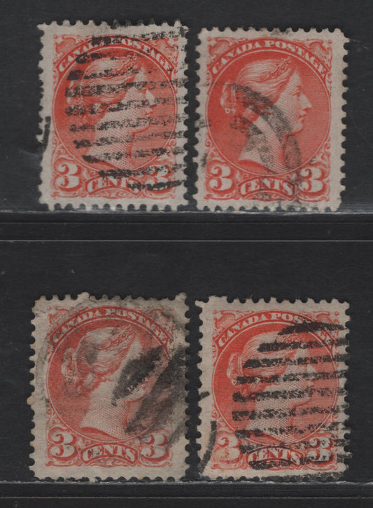 Lot 336 Canada #37 & 37c 3c Red Orange & Red Queen Victoria, 1870-1893 Small Queen Issue, 4 Very Fine Used Singles, Mid Montreal Printings, Papers MM-D, MM-O, MM-B & MM-L, Perf 12, Position Dots