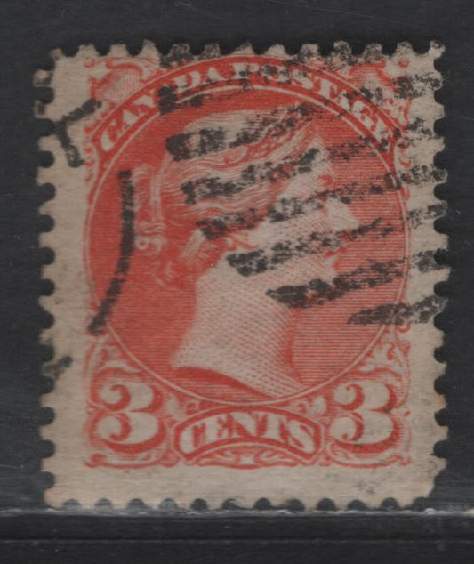 Lot 338 Canada #37 3c Orange Red Queen Victoria, 1870-1893 Small Queen Issue, A Fine Used Single, Mid Montreal Printing, Paper MM-P, Perf 12, Position Dot