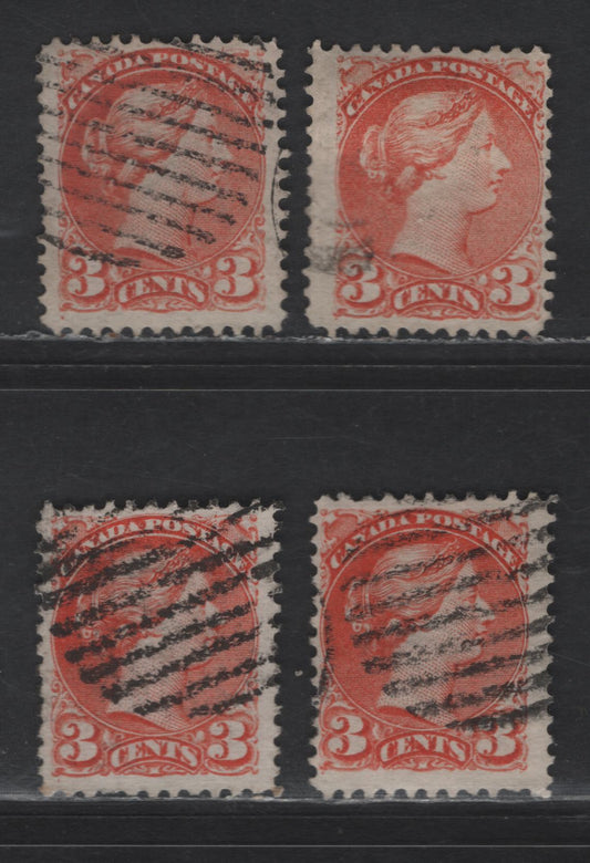 Lot 339 Canada #37 3c Orange Red Queen Victoria, 1870-1893 Small Queen Issue, 4 Fine Used Singles, Mid Montreal Printing, Four Different Shades, Paper MM-Q, Perf 12