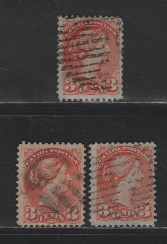 Lot 340 Canada #37 3c Red Orange Queen Victoria, 1870-1893 Small Queen Issue, 3 Fine Used Singles, Mid Montreal Printing, Paper MM-D, Perf 12